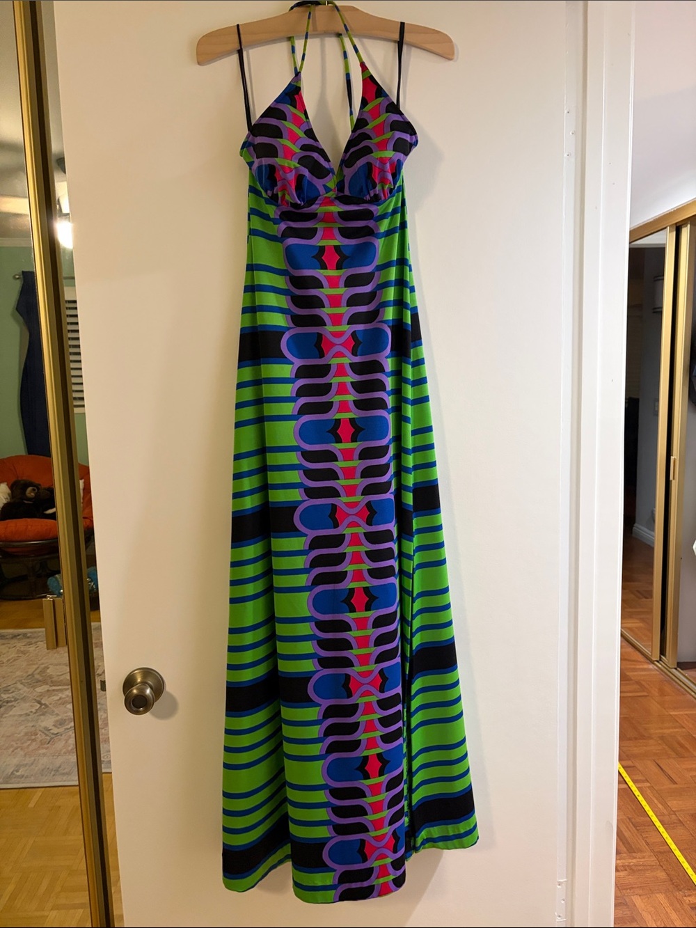 Saks Fifth Avenue Green Multi-Stripe Halter Maxi Dress